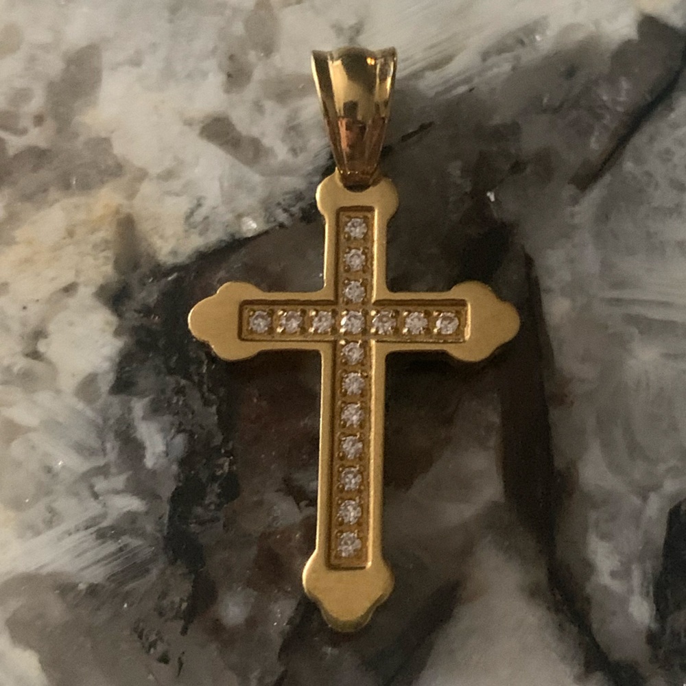 Gold Plated Cz. Cross Pendant, Stainless Steel